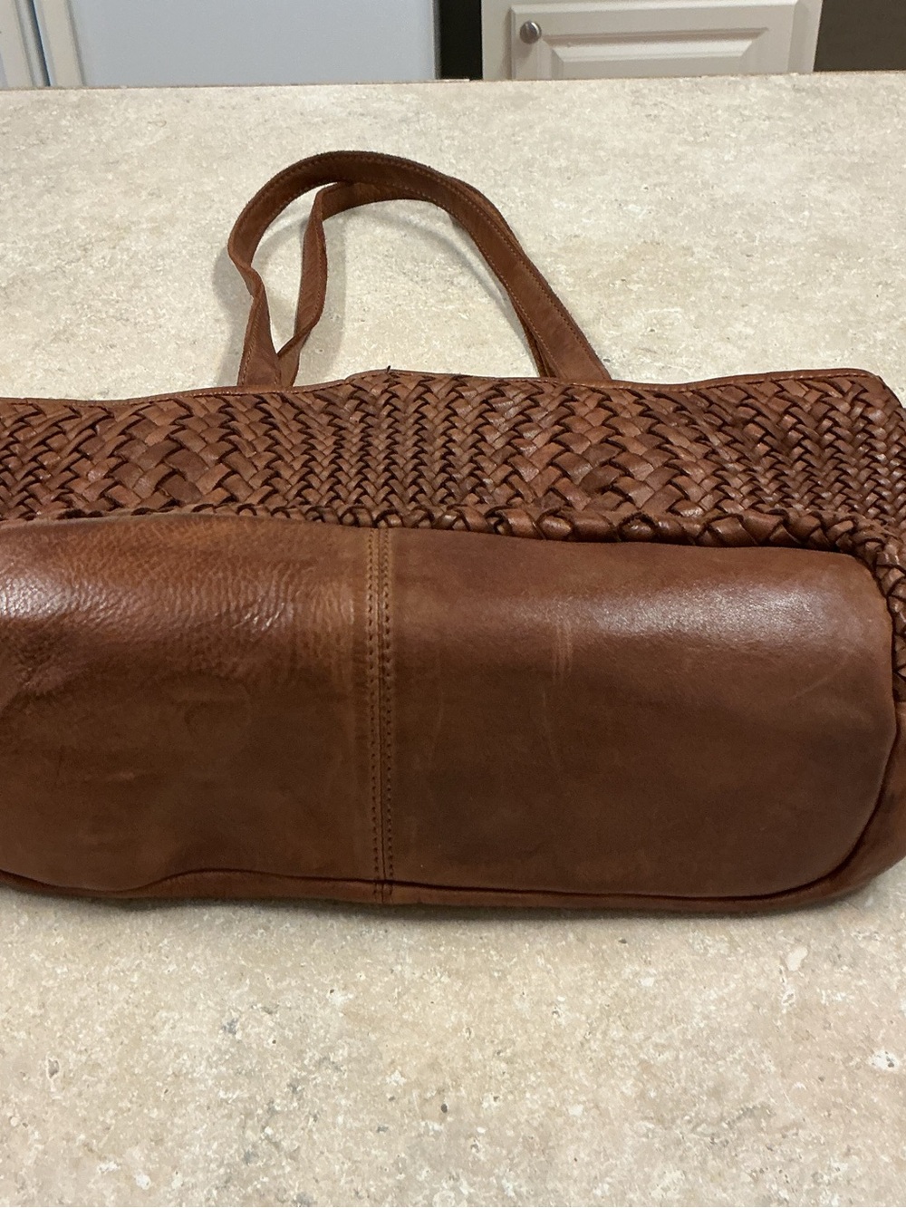 Vintage FOSSIL Cognac Woven Leather Tote Bag - Boho Y2K Basketweave Shoulder Bag - Picture 8 of 12